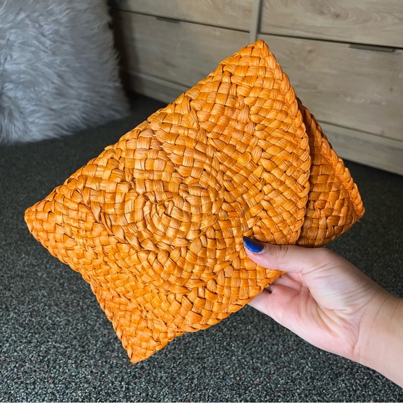 AMAZON Orange Straw Rattan Woven Medium Envelope Clutch Bag Purse Wallet Magnet - Picture 11 of 16